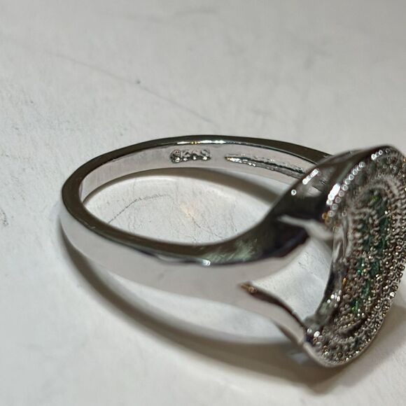 Decorative Silver Tone Circular Moon Ring Small Green rhinestones Size 8 - Picture 5 of 5